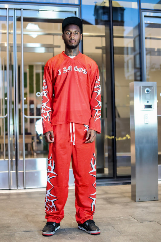 Red "I AM SOS" Mesh Pants